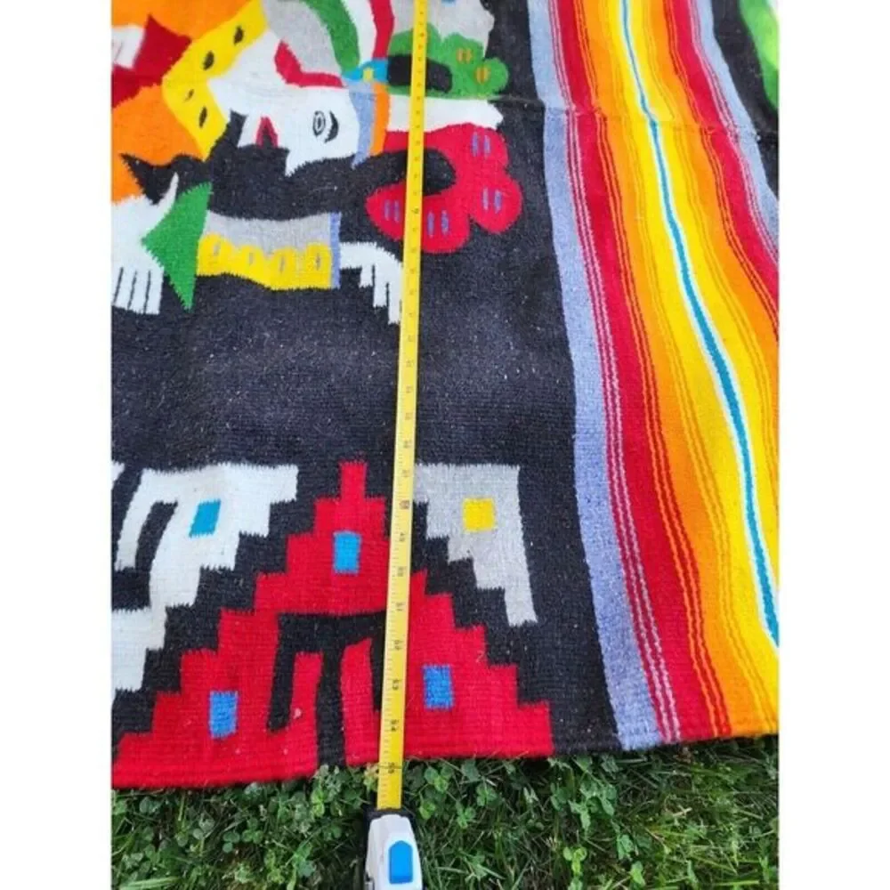 Vintage Mexican‎ Ceremonial Blanket Wool Rug Weaving Bright Colors 55x75